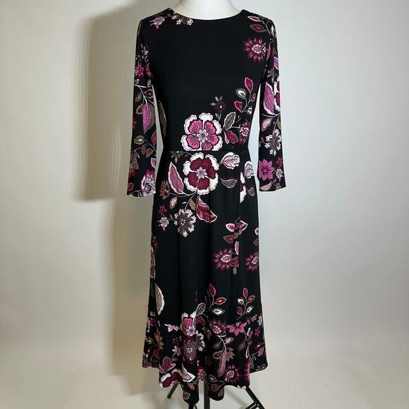 NWD Talbots Black Floral Midi 3/4 Sleeve Dress Jersey Knit Womens Petite Size 6P - Picture 1 of 12